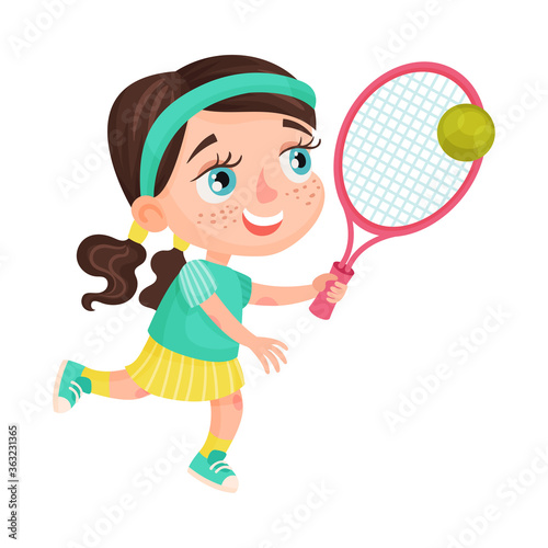 Cute Girl Character with Headband Playing Tennis Vector Illustration