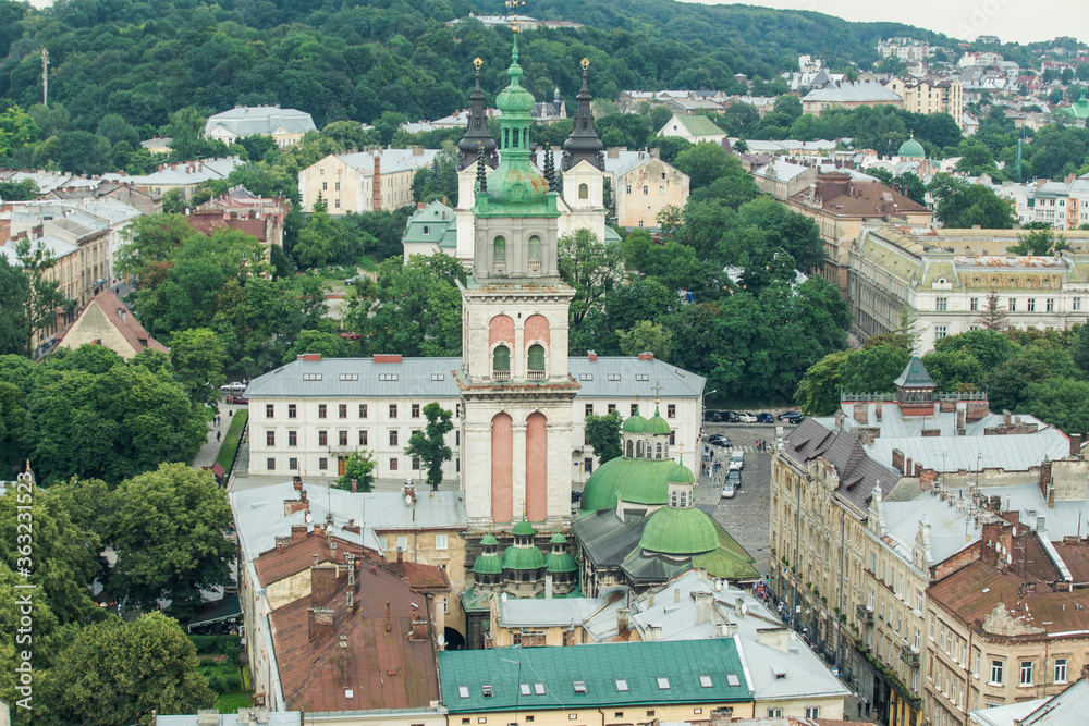 top view from city hall tower on old high catholic cathedral tower in Lviv city, Ukraine