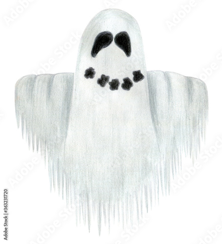 Cute ghost smiling isolated on white background. Watercolor markers hand drawn illustration in cartoon, Concept of halloween holiday, spooky horror symbol, haunted house, dead, party, costume, cloth.