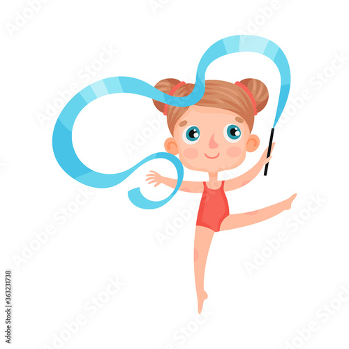 Cute Girl Character with Ribbon Doing Gymnastics Vector Illustration