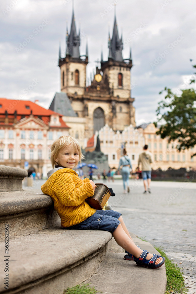Cute child, boy, visiting Prague after the quarantine Covid 19