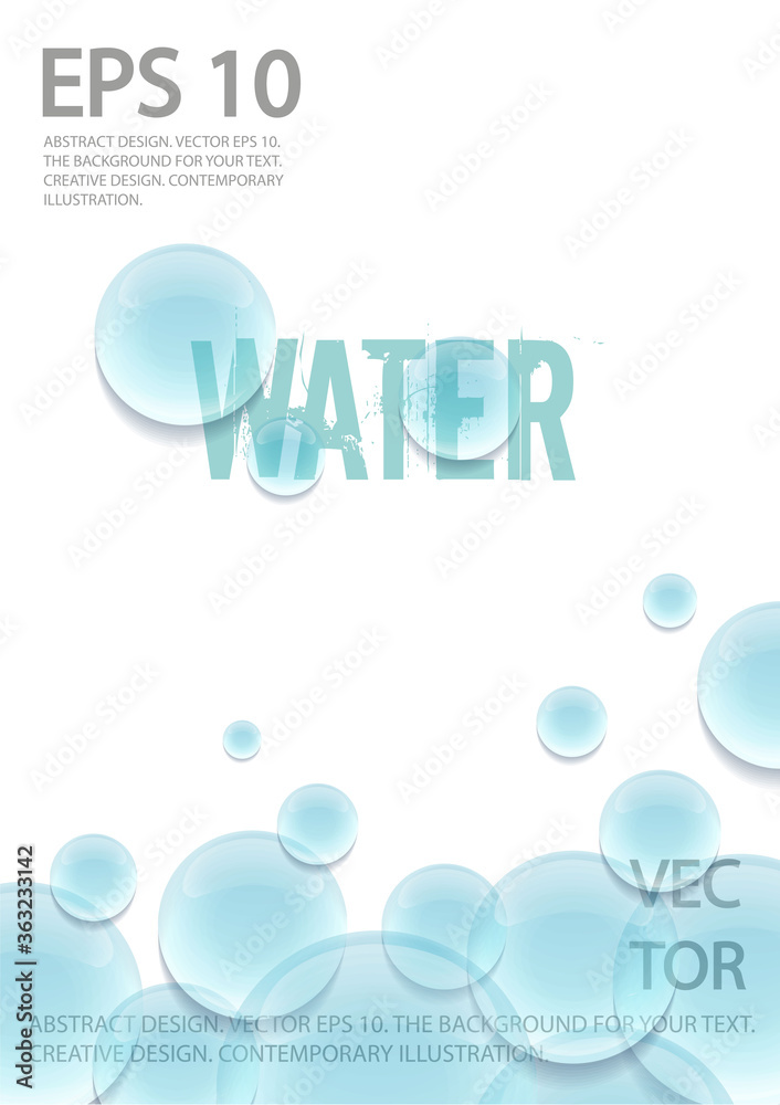 Transparent water drops on a blue background. Realistic illustration. 3D liquid drops 
on a light surface. Stock vector.