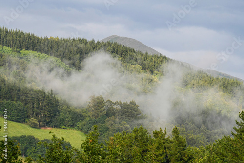 Landscape of the Basque mountains in the mist