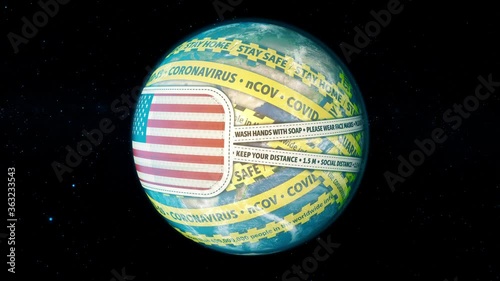 Yellow Warning Tape the USA put mask to fight to fight against coronavirus