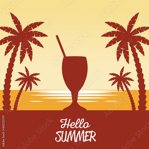 hello summer seasonal scene with tropical cocktail