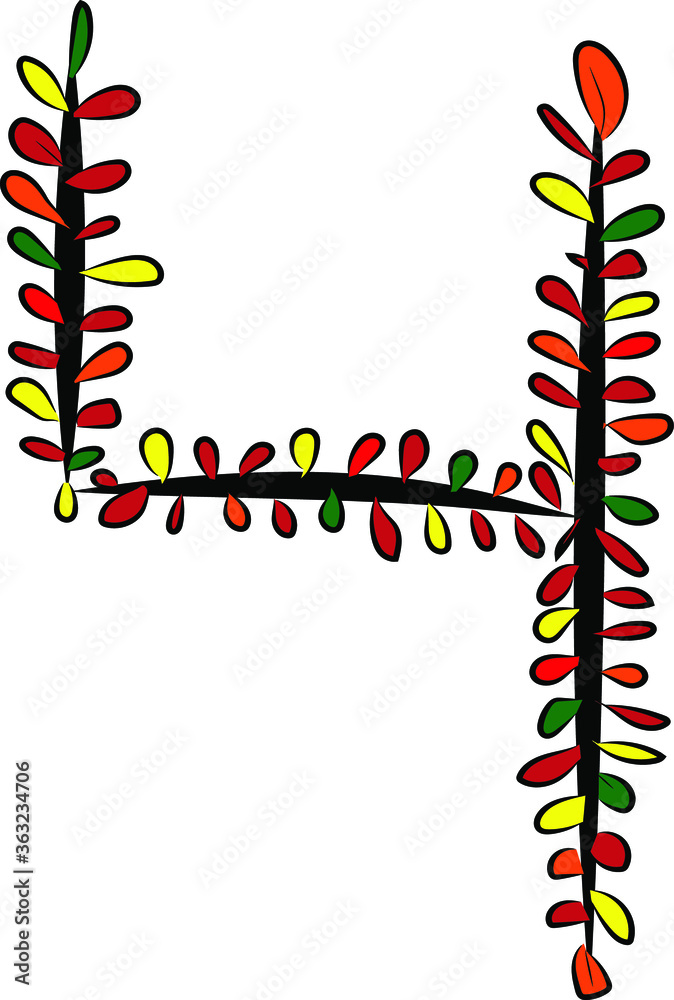Vector image. Hand-drawn number 4. Arabic numeral. A black tree branch and bright multicolored autumn foliage. Leaves of a Bush. Autumn mood. Calligraphy and inscriptions. Eco, nature theme