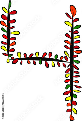 Obraz na płótnie Vector image. Hand-drawn number 4. Arabic numeral. A black tree branch and bright multicolored autumn foliage. Leaves of a Bush. Autumn mood. Calligraphy and inscriptions. Eco, nature theme w salonie