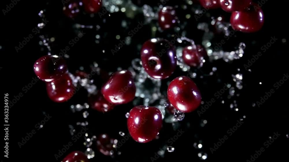 Appetizing juicy red cherries are bouncing up with splashes of water on a black background in slow motion Appetizing juicy red cherries are bouncing up with splashes of water on a black background in slow motion
