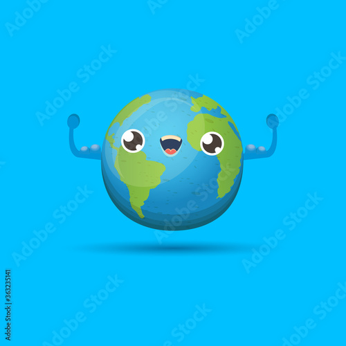 Cartoon cute smiling earth planet character isolated on blue background. Eath day concept design party poster template with funny kawaii earth globe