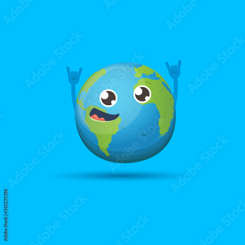 Cartoon cute smiling earth planet character isolated on blue background. Eath day concept design party poster template with funny kawaii earth globe