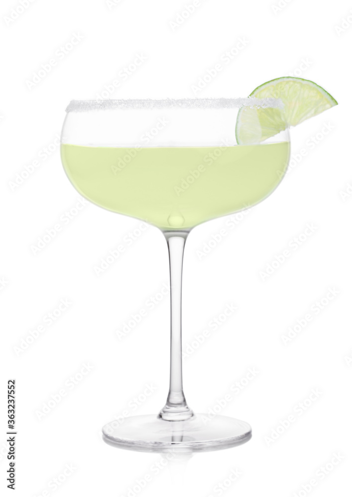 Luxury crystal glass of Margarita cocktail with fresh lime slice on white. Luxury crystal glass of Margarita cocktail with fresh lime slice on white.