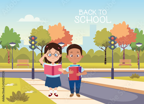 little students with uniforms in the street characters