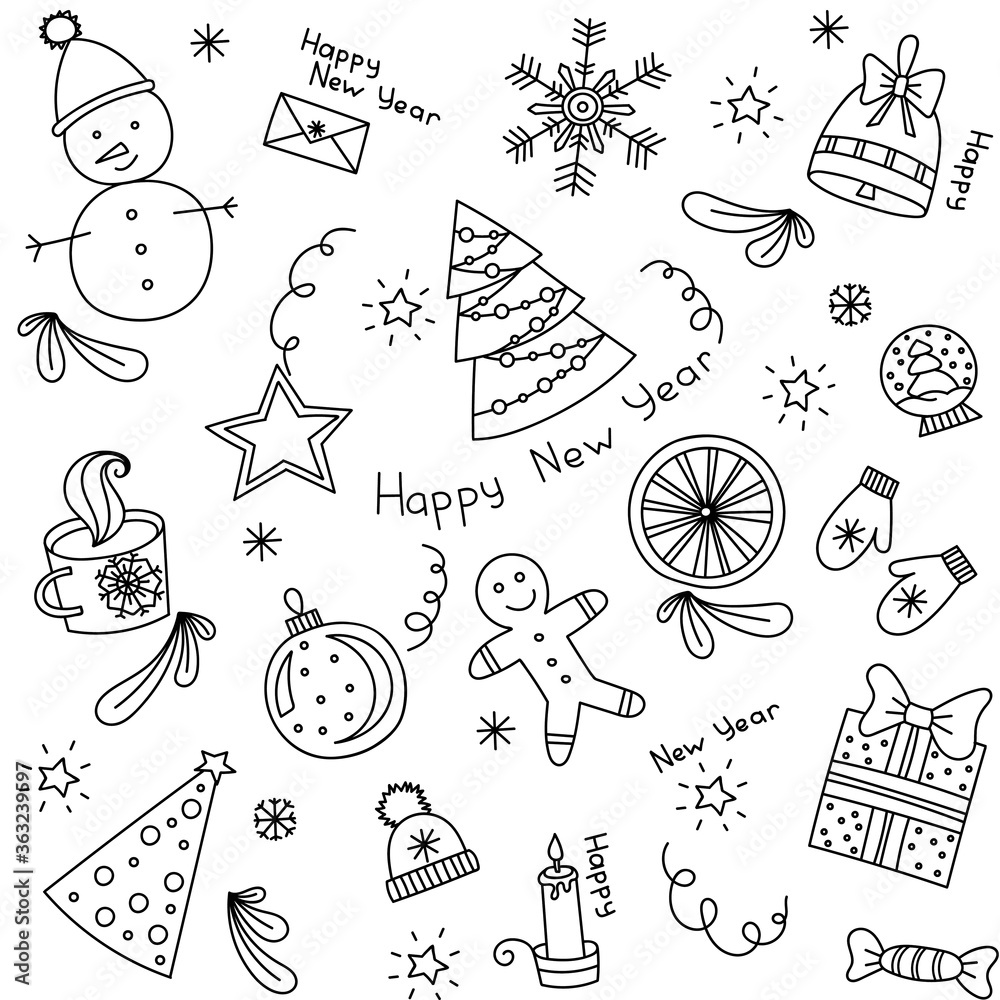 Plakat Christmas pattern, seamless christmas doodles, vector design for winter holidays on white background