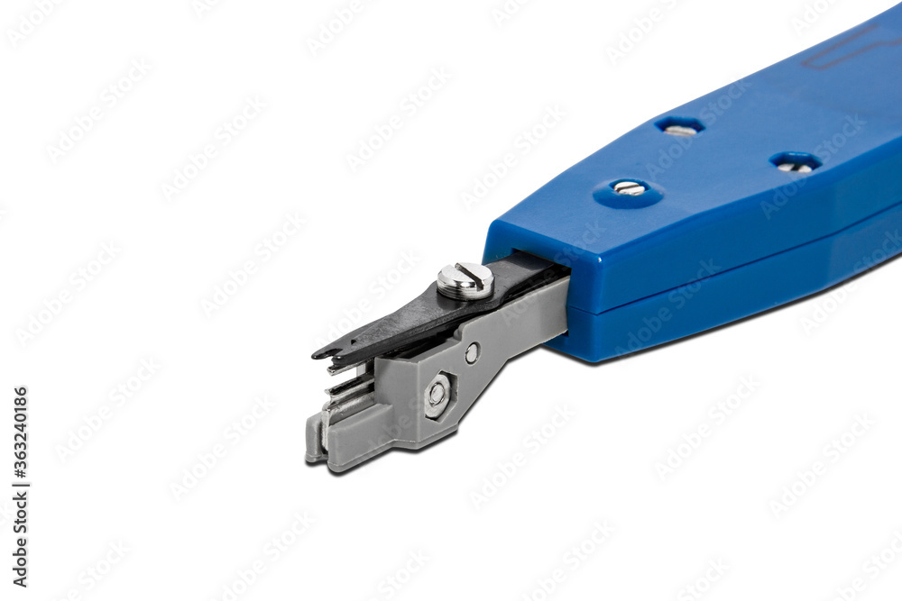 Punch down tool with blade in progress with cable cat5E and patch pannel isolated on white background. Close up template Punch down tool with blade in progress with cable cat5E and patch pannel isolated on white background. Close up template