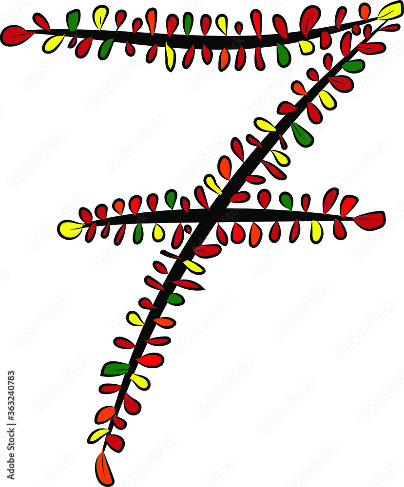 Vector image. Hand-drawn number 7. Arabic numeral. A black tree branch and bright multicolored autumn foliage. Leaves of a Bush. Autumn mood. Calligraphy and inscriptions. Eco, nature theme