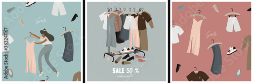 Seasonal sale, discounts. Set of posters with everyday fashionable things: clothes and shoes for seasonal discounts and summer clothing sales. Nice vector flat illustration in cartoon style. 