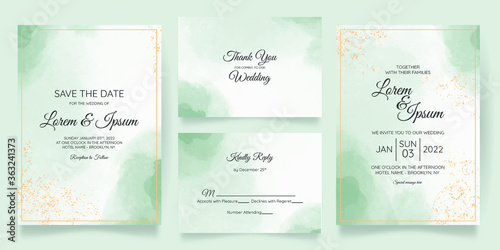 watercolor creamy wedding invitation card template set with golden floral frame