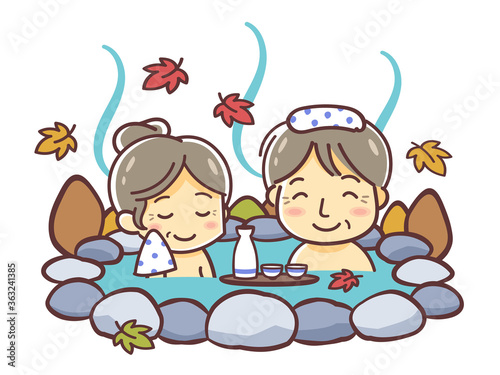 紅葉の季節・温泉に入るシニア夫婦のイラスト（秋の露天風呂）