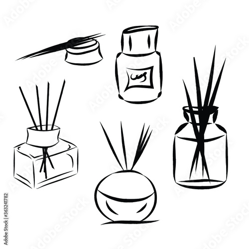set of spa objects. Fragrance diffuser with sticks. Vector aromatic bottles. Set of vector diffusers. isolated on white background. Used in the spa, relaxation and home interior.