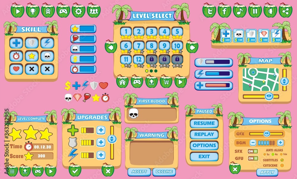 beach Platform Game User Interface For Tablet, Illustration 
of a platform game user interface, in cartoon style with 
basic buttons and icons for tablet pc