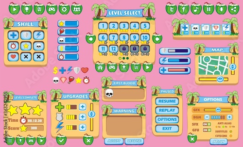 beach Platform Game User Interface For Tablet, Illustration 
of a platform game user interface, in cartoon style with 
basic buttons and icons for tablet pc
