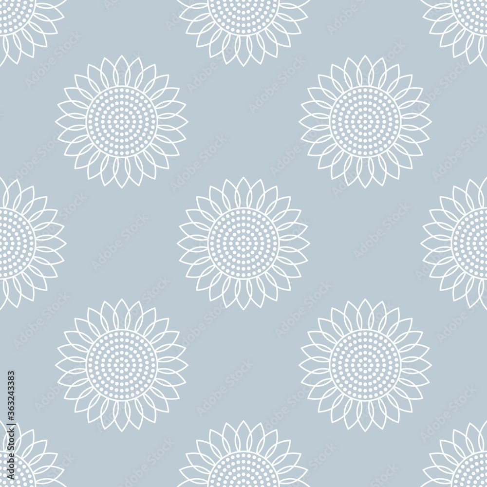 Sunflowers. Vector seamless pattern. Simple flat style. Abstract white elements on a gray background. For backdrops decoration, banners, packings, textiles, paper, fabrics, and more creatives designs.