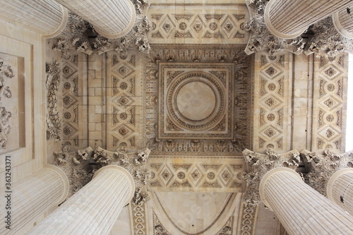 Bas-reliefs below the peristyle alongside the Corinthian columns of the Pantheon in Paris