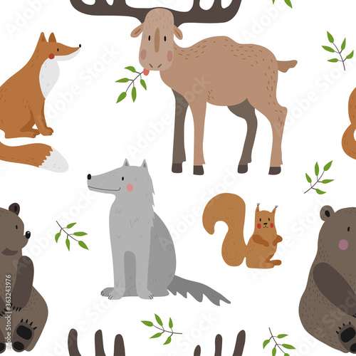 Seamless vector pattern with brown bear  squirrel  fox  wolf and moose on a white background. 