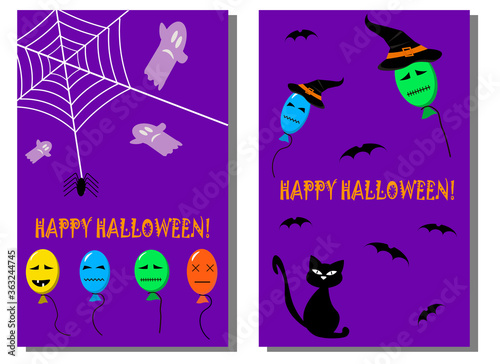 Two halloween party flyer. Vector illustration on an violet background with a ballons  bat  spider and a cat.