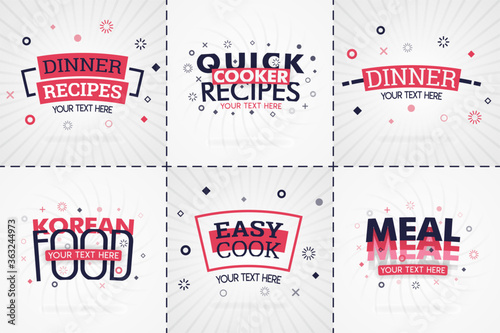 Pink cooking book set for food and recipe magazines. Restaurant menu titles or badges for food stores and restaurants. Minimalist design for recipe banners