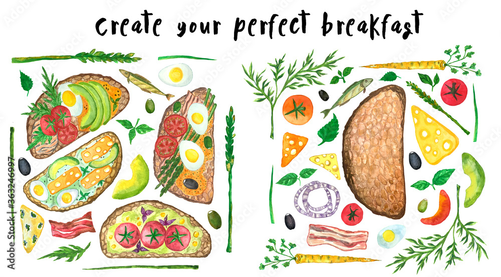 Fototapeta premium Sandwiches and ingredients watercolor illustration for perfect breakfast