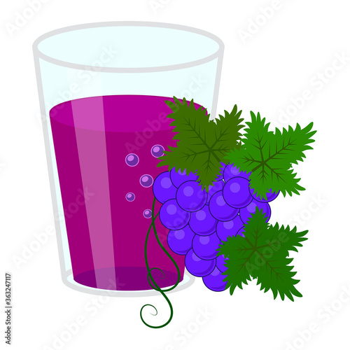 Glass of grapes juice and bunch of grapes. Simple flat vector illustration isolated on white background.