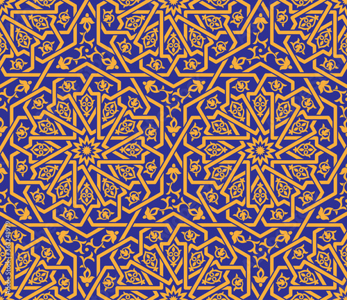 Seamless golden Islamic pattern  blue backdrop. Traditional oriental graphic style. Interlacing lines. Floral elements. 