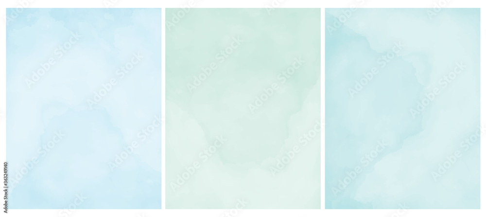 Simple Pastel Color Grunge Vector Layouts. Pastel Blue, Mint Green and Light Turquoise Backgrounds. Delicate Watercolor Style Vector Blanks.