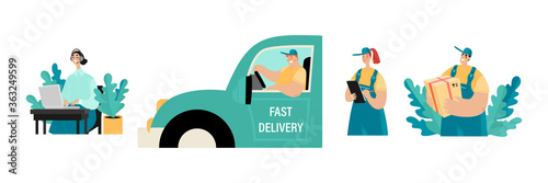 Set of vector illustrations of a delivery service with a call center operator and people in uniform driving and carrying cardboard boxes.