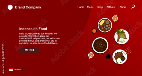indonesian food landing page ui design with flat image, EPS layer include background, header, text, indonesian food.