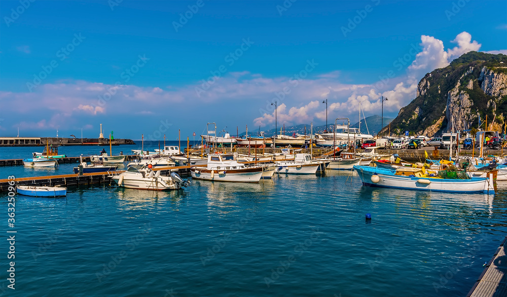 A view across the quayside of Marina Grande on the island of Capri, Italy