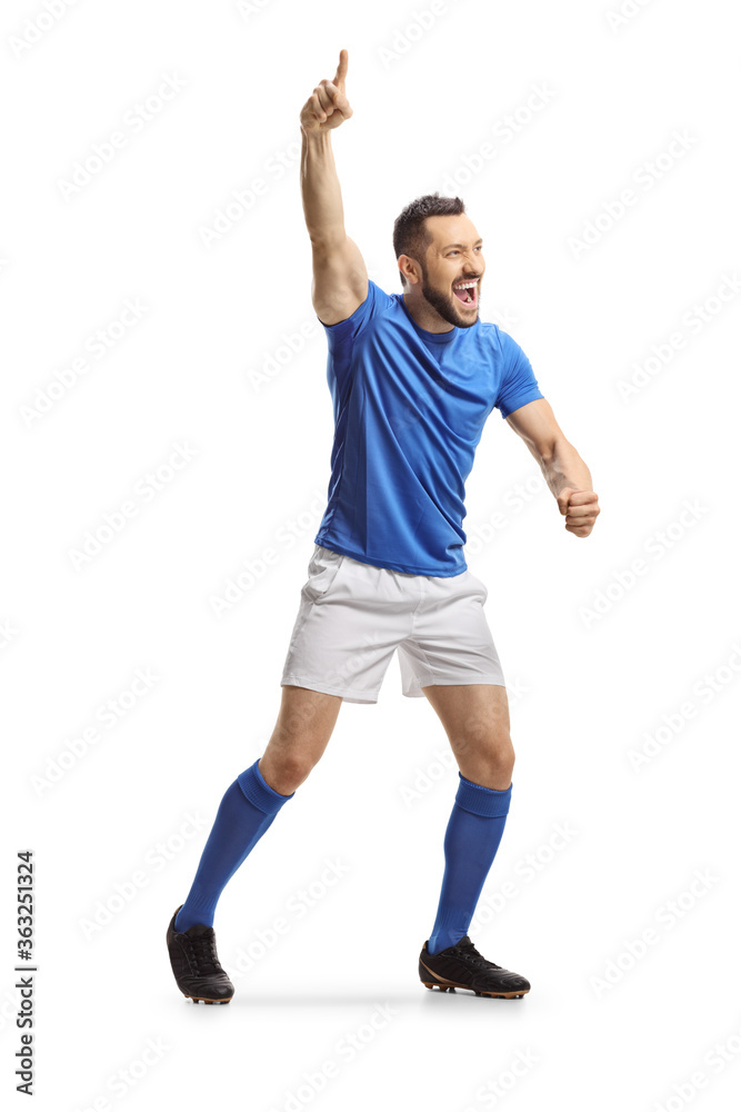 Football player gesturing and pointing with his finger up Football player gesturing and pointing with his finger up