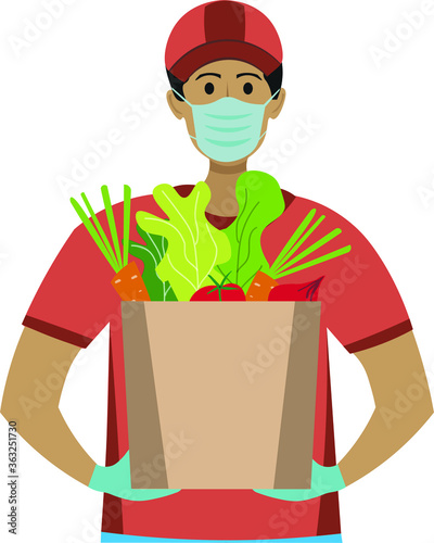 Contactless delivery during the prevention of coronavirus vector concept. Courier guy in a medical mask and gloves holding goods cartoon illustration. Covid -2019. Non-contact safe service quarantine