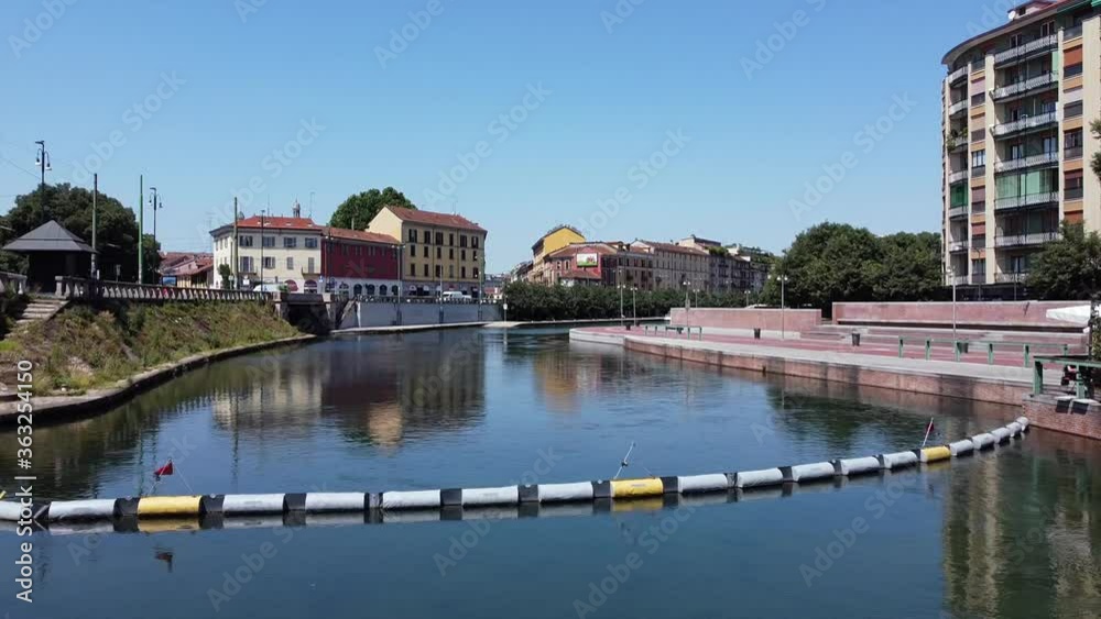 Europe, Italy , Milan July 2020 - Drone aerial view of Navigli canal and Darsena in downtown of the city after the finish of lockdown due Covid-19 Coronavirus pandemic Europe, Italy , Milan July 2020 - Drone aerial view of Navigli canal and Darsena in downtown of the city after the finish of lockdown due Covid-19 Coronavirus pandemic