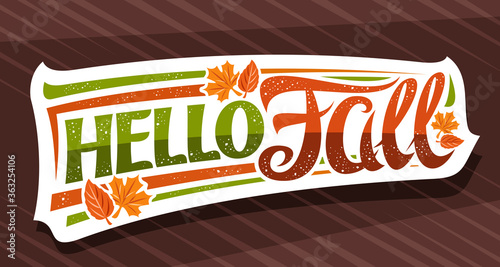 Vector lettering Hello Fall, white label with curly calligraphic font, illustration of decorative falling leaves and confetti, greeting card with swirly unique lettering hello fall on brown background