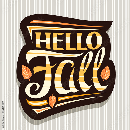 Vector lettering Hello Fall, black label with curly calligraphic font, falling leaves and decorative art stripes, placard with swirly unique lettering hello fall on grey striped background.