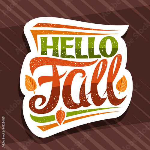 Vector lettering Hello Fall, white label with curly calligraphic font, illustration of decorative falling leaves and confetti, greeting card with swirly unique lettering hello fall on brown background