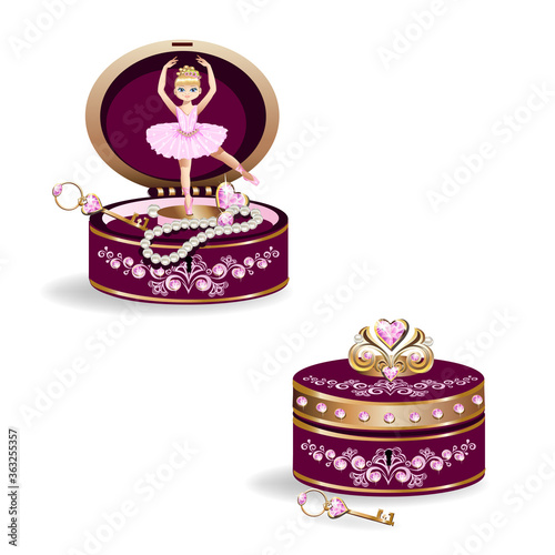 Ballerina in a music box with jewelry. Vector illustration on a white background.
