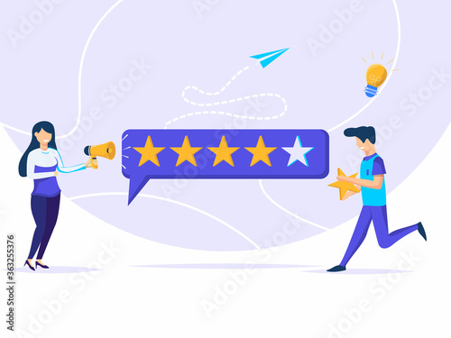 Illustration of customer feedback. women talk to everyone, men run to give and put stars.