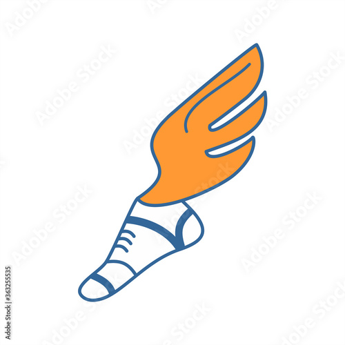 Sneaker with wing on white background. Sports, Fantasy, Trade, Business Symbol. Modernity & Ancient. Hermes winged Sandals. Logo Template. Sticker. label. Icon.