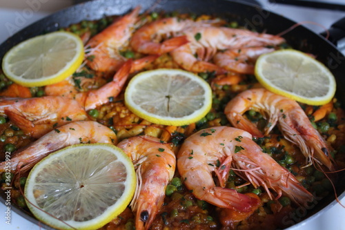 Seafood and legume rice paella