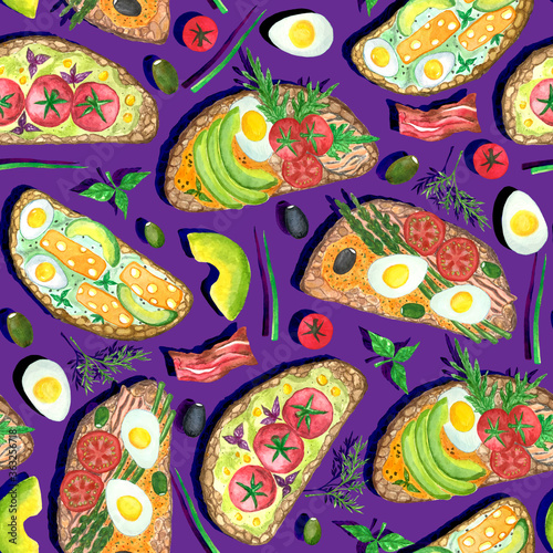 Seamless pattern of ingredients for sandwiches  breakfast watercolor illustration