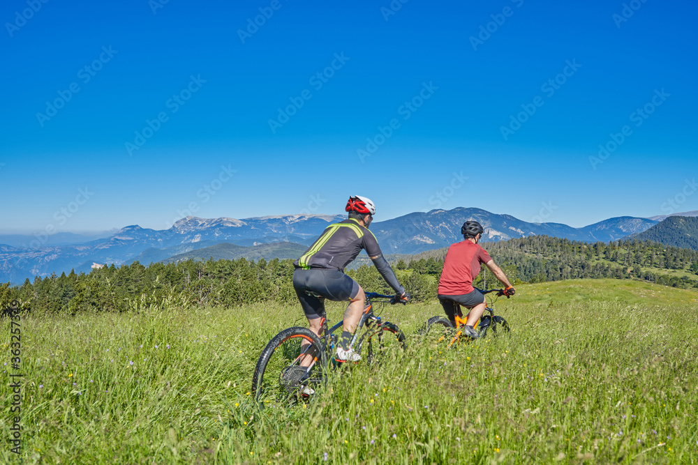 Fototapeta premium two men on mountain bike in a green field with blue sky