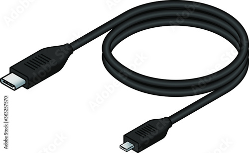 A USB (universal serial bus) cable. USB type C to Micro Type A.